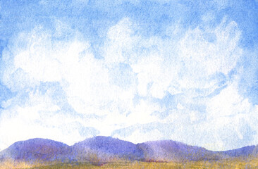 nature background with blue sky and abstract clouds, simple hills watercolor horizontal painting