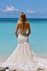Fototapeta na wymiar bride in white dress on beach