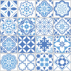 Portuguese Azulejo tile seamless vector pattern, Lisbon blue old tiles mosaic, Mediterranean repetitive textile design
