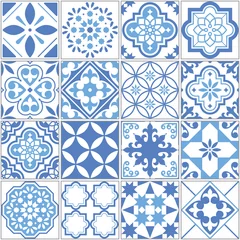 Papier Peint photo Portugal carreaux de céramique Modèle vectoriel continu de carreaux Azulejo portugais, mosaïque de carreaux anciens bleus de Lisbonne, design textile répétitif méditerranéen