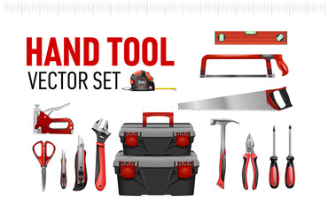 hand tool vector set for advertising diy repair red banner. Tool box, scissors, tape measure, saw, stapler, adjustable wrench, pliers, stationery knife, hammer
