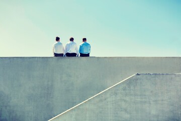 Rear view of mature thoughtful businessmen sitting on office rooftop
