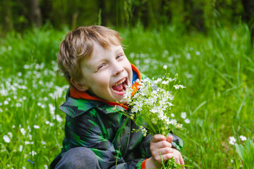 A European boy is holding a bouquet of white forest flowers. The child loves nature and admires beauty.