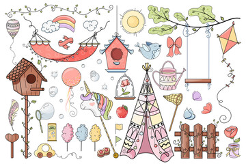Large collection of vector hand drawn summer theme illustrations. Cute cartoon set of summertime elements which bring joy and happiness. For card, background, print, poster, advertising, fabric.