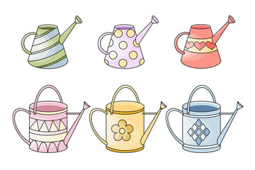Cute hand drawn vector watering can collection isolated on white background. Colorful gardening tools. For package, wrapping paper, banner, print, card, gift, fabric, label, advertising, card, fabric.