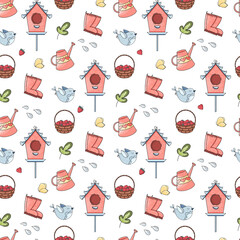 Seamless vector pattern with cute hand drawn birdhouse, watering can, bird, rain boots, basket with strawberries, butterfly and more. Funny summer background for print, poster, wrapping paper, fabric.
