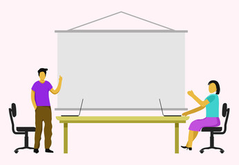 People business meeting, discussing idea team office , teamwork project brainstorm, character in office during covid19 quarantine. cartoon illustration emblem isolated
