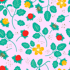 Whimsical vibe seamless strawberry, leaves and flowers vector illustration pattern in blush pink background