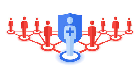Antibiotic or vaccine protection concept - resistance from epidemy virus spread - people group connected by lines and single protected person with shield and medical cross - conceptual illustration