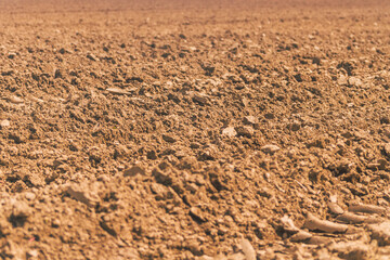 Plowed land close-up. Brown ground.