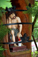 sculpture of Jesus inside a tree in a cemetery