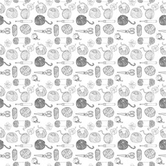 Knitting tools and wool yarn set .Isolated on light background.