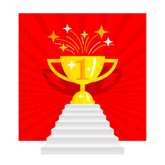 1st place award - champion cup standing on the stairs on red bright background  - first place competition winner - vector flat icon illustration 