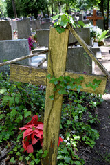 old wooden cross overgrown with ivy