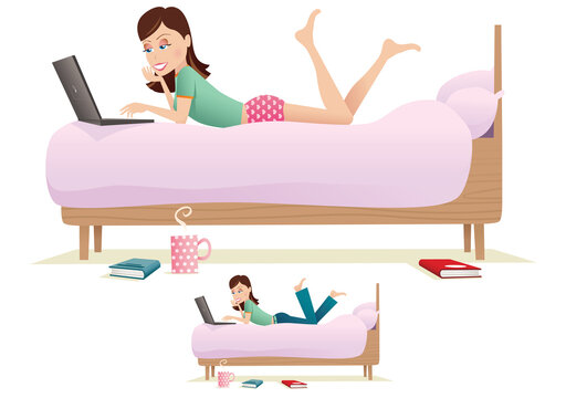 Woman using computer on bed