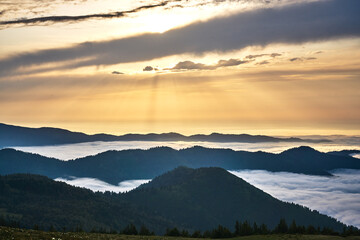 Magical sunset and sea of clouds. Landscape panorama taken from Gito Plateau, Kackar / Kaçkar mountains, Black Sea / Karadeniz region of Turkey.           