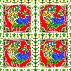 colorful vector abstract kalamkari peacock outline pattern background design.