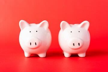 International Friendship Day, Front two small white fat piggy bank, studio shot isolated on red background and copy space for use, Finance, deposit saving money concept