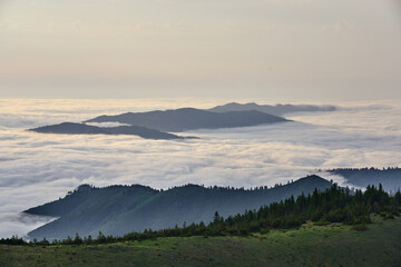 Magical sunset and sea of clouds. Landscape panorama taken from Gito Plateau, Kackar / Kaçkar mountains, Black Sea / Karadeniz region of Turkey.           