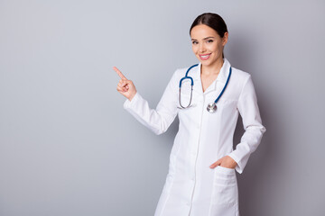 Photo of cheerful family doctor doc experienced skilled professional direct finger empty space...