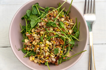 close up of salad made of peas microgreen sprouts and sprouted beans in a bowl. vegan healthy food.
