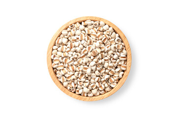  Top view Millet grains in wooden bowl on white .