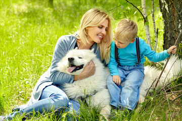 outdoor portrait mother, son and dog. child and mom walking samoyed laika.