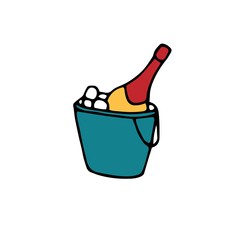 Champagne bottle in ice bucket. Simple doodle icon. Vector hand drawn flat illustration