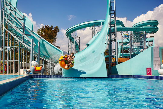 view of aquapark slides. water amusement park Dolusu.