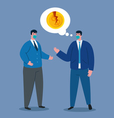 coronavirus crash, covid 19 economy collapse, business men wearing medical mask, money broken , bankruptcy concept