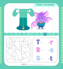 Letter T and funny cartoon bat. Alphabet a-z. Coloring page. Printable worksheet.