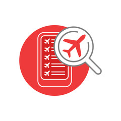 Airline cashbox online service - smartphone with booking service web interface and magnified airplane icon - vector conceptual illustration for logo or icon