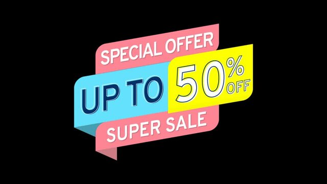 Sale banner Up to 50% off. On special occasions, discount percent of 4k Ultra HD motion graphic on transparent background.