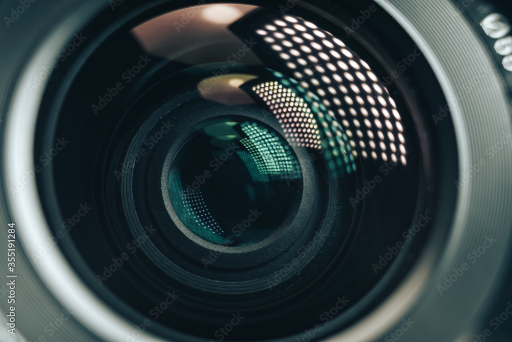 Aufkleber close up beautiful camera aperture lens with multi colored light glass reflection. macro view.