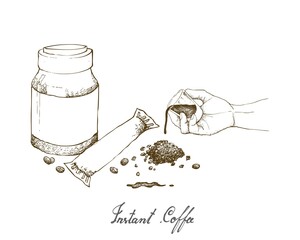 Illustration Hand Drawn Sketch of Hand Holding Shot Glass with Instant Coffee or Coffee Powder Isolated on White Background.