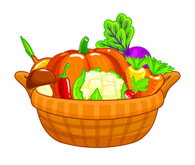 Vegetables in a wicker brown basket: pumpkin, radish, carrots, beets, peppers, mushrooms, onions, cauliflower