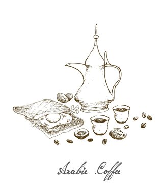 Turkish Cuisine, Hot Coffee with Dallah or Arabic Coffee with Toasted Sandwich. Used for Centuries to Brew and Serve Qahwa or Gahwa.