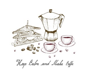 Keep Calm and Make Coffee, Illustration Hand Drawn Sketch of Coffee Beans with Moka Pot, A Coffee Maker or Italian Traditional Coffeemaker.