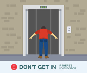 Young man is about to fall into the lift shaft. Standing in front of the broken elevator doors. Lift is out of service. Flat vector illustration.