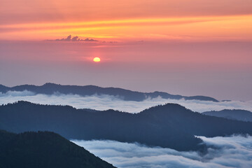 Magical sunset and sea of clouds. Landscape panorama taken from Gito Plateau, Kackar / Kaçkar mountains, Black Sea / Karadeniz region of Turkey.           