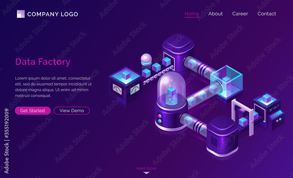 Poster data processing factory, isometric technology concept vector. server with glass dome and virtual obj
