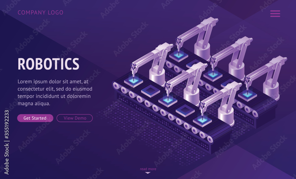 Poster robotics factory conveyor belt isometric landing page. robot arms create electronics production on t