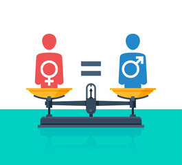 Gender equality concept - weighing scales - balanced people icons with Mars and Venus symbols inside (sign of male and female gender) - vector picture of human rights and values