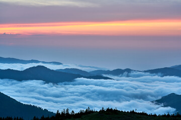 Magical sunset and sea of clouds. Landscape panorama taken from Gito Plateau, Kackar / Kaçkar mountains, Black Sea / Karadeniz region of Turkey.           