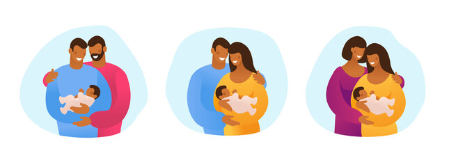 A set of LGBT couples with children, gays, lesbians, a traditional pregnant couple. Relations and rights of homosexual partners. Vector illustration in a flat cartoon style.