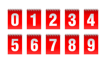 Countdown clock with binding spring - vector digits - red counter timer, time remaining count down scoreboard in flip board with different digits from 0 to 9