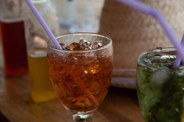 Ice in glass with water.