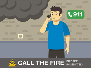 Fire safety activity. Young man calling the fire brigade. Flat vector illustration.