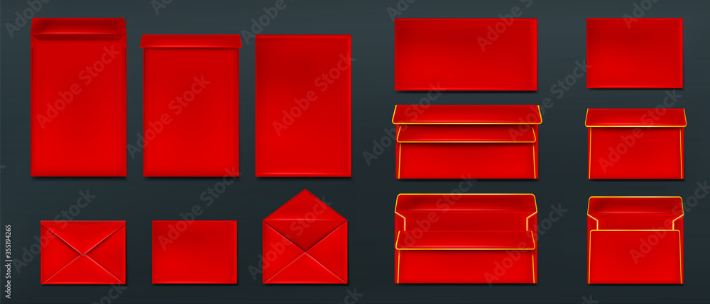 Aufkleber red envelopes template set. blank closed and open paper covers, vertical and horizontal festive lett