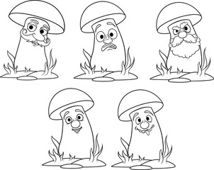 Coloring book with cartoon mushrooms. A set of five characters. Isolated on a white background. Stock illustration